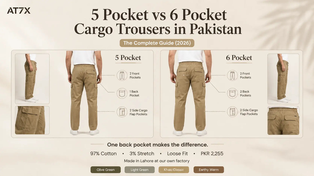 AT7X 5 pocket and 6 pocket cargo trousers for men in Pakistan in olive green, light green, khaki classic and earthy warm