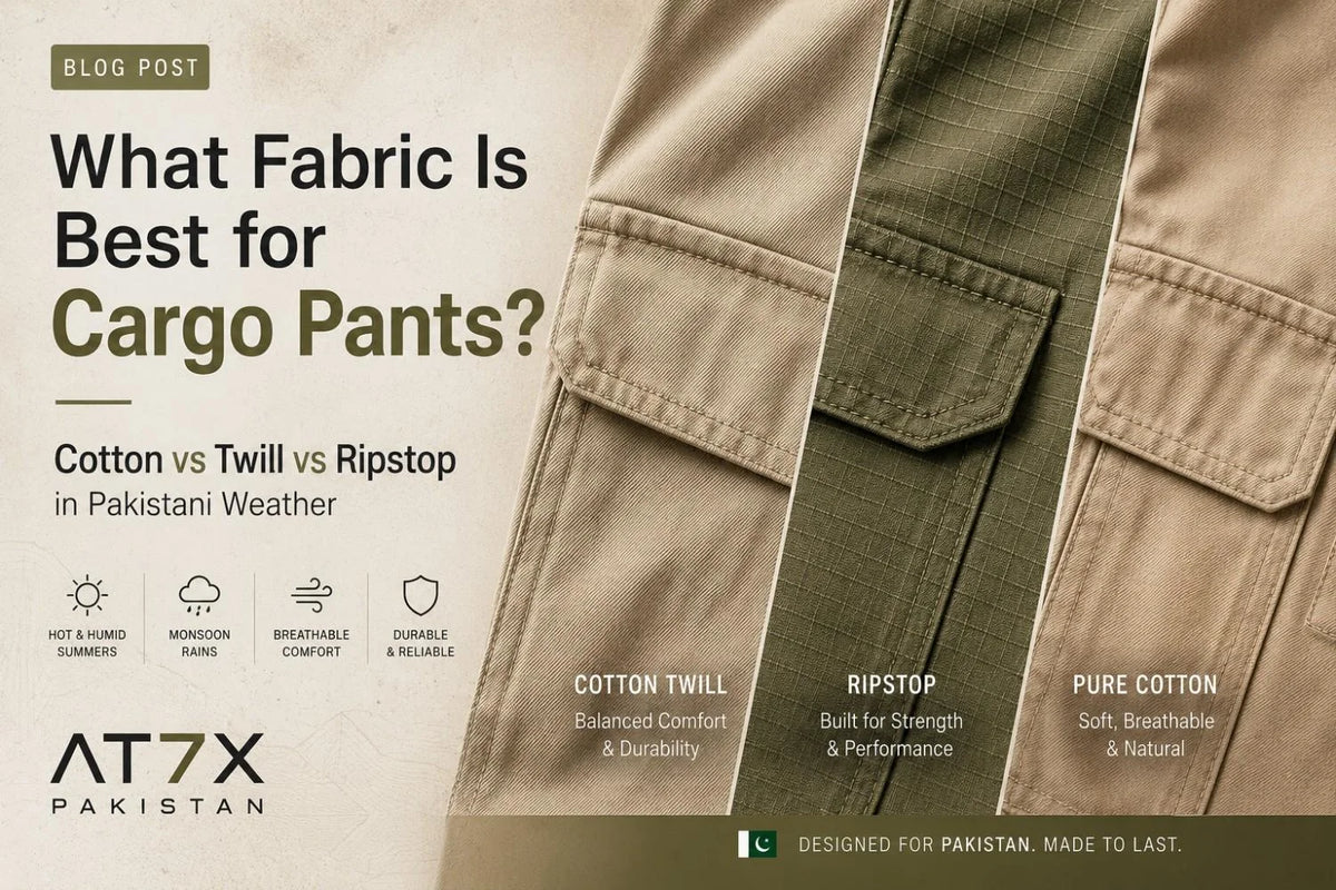 Close-up comparison of cotton twill, ripstop and pure cotton cargo pant fabrics, AT7X Pakistan