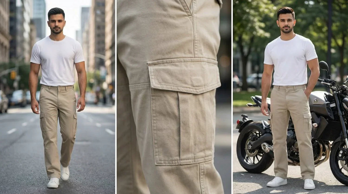 AT7X camel straight fit cargo pants for men, everyday wear in Pakistan