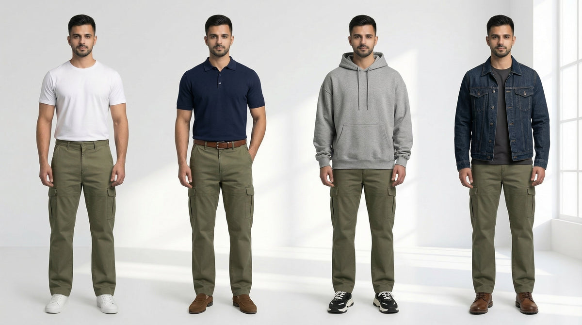 Man in Pakistan wearing AT7X straight fit cargo pants styled for casual everyday wear