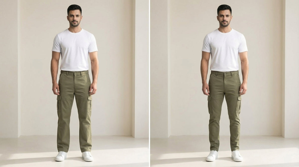 Straight fit versus slim fit cargo pants compared side by side, AT7X Pakistan