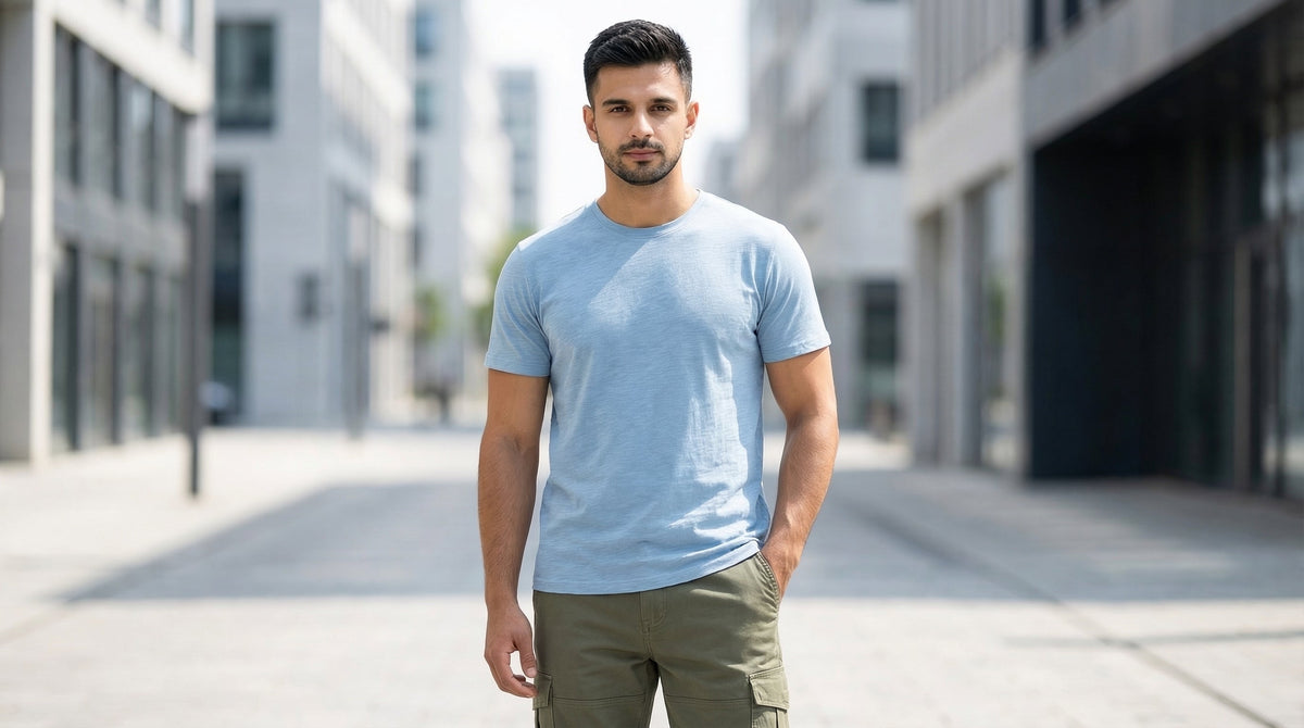 Breathable cotton cargo pants for summer in Pakistan worn by a male model, AT7X