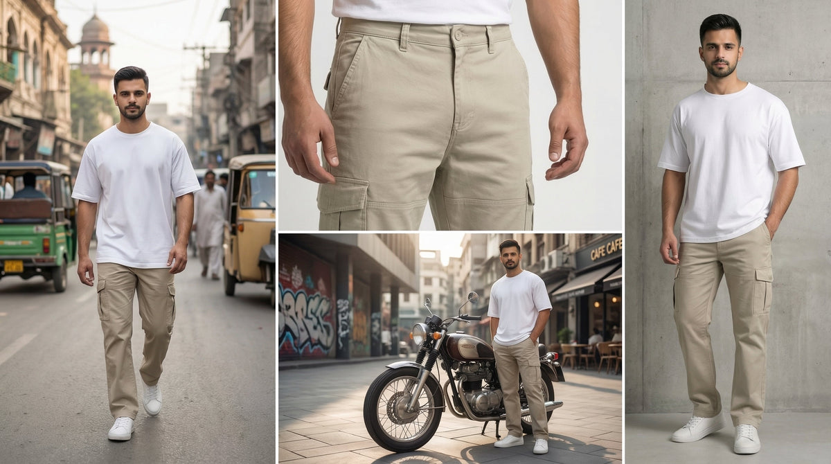 Pakistani man wearing AT7X black cargo pants in streetwear style, Lahore 2026