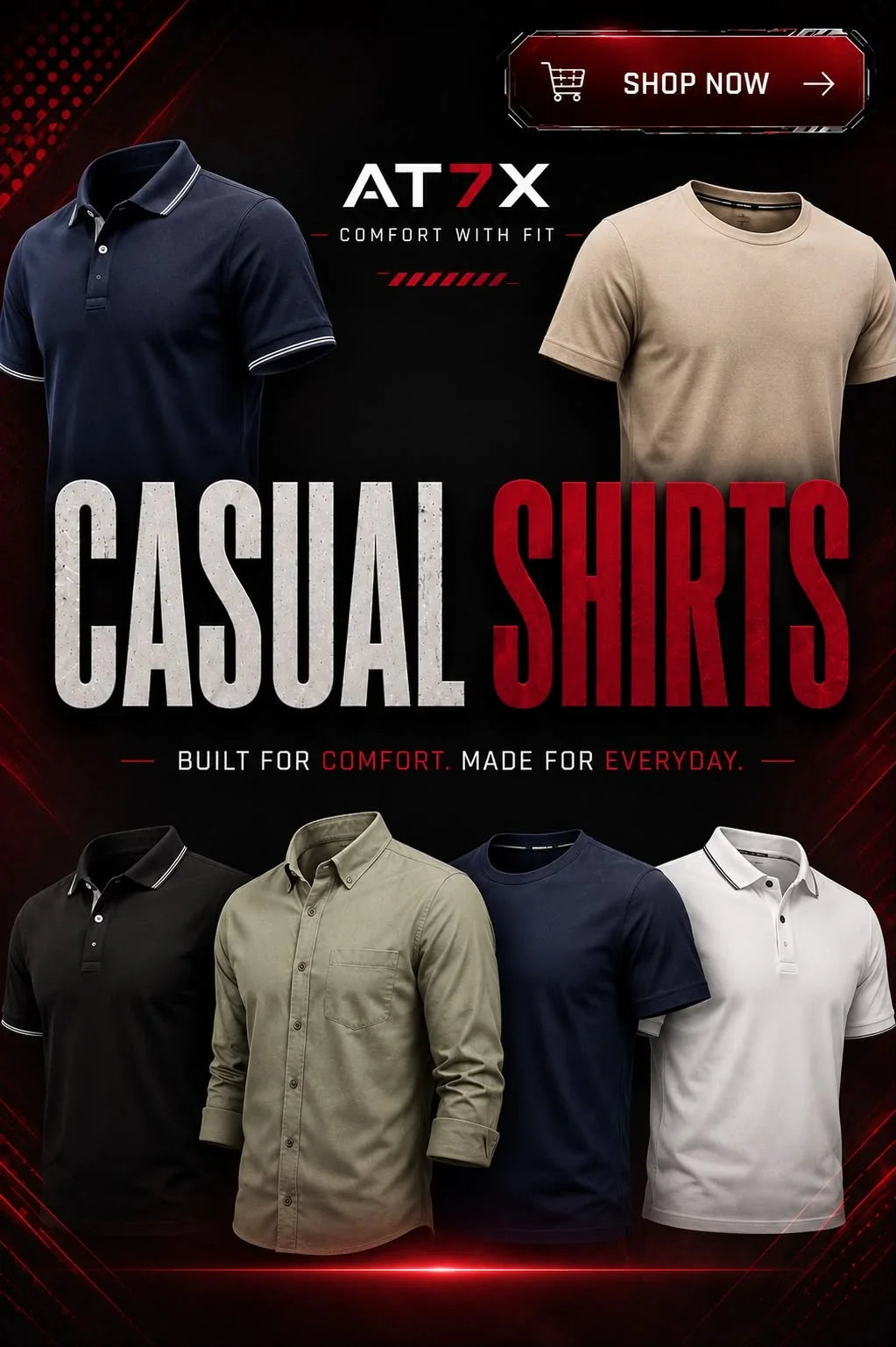 AT7X casual shirts and round neck t-shirts for men in Pakistan, made in Lahore