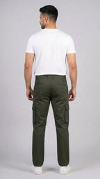 AT7X olive green straight fit cargo pants for men, back view showing rear pockets