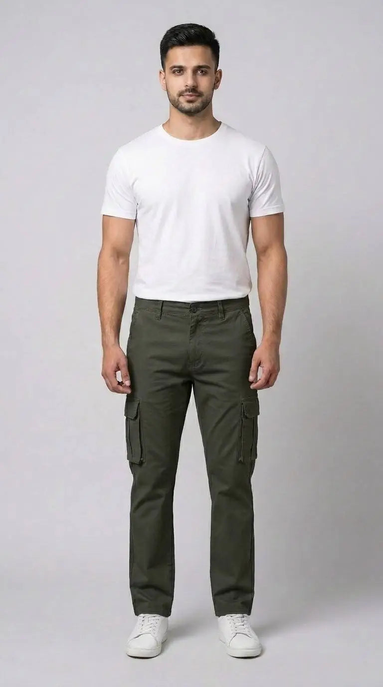 Olive Green Straight Fit Cargo Pants for Men in Pakistan | AT7X