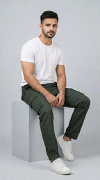 AT7X olive green straight fit cargo pants for men, seated view