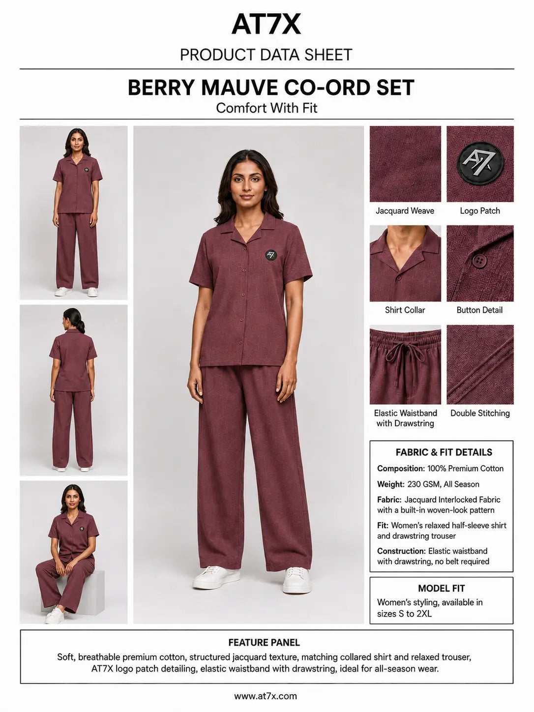 AT7X Berry Mauve co-ord set outfit data sheet, fabric and size specification