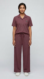AT7X Berry Mauve sleepwear co-ord set, front view, half-sleeve shirt and wide leg trouser