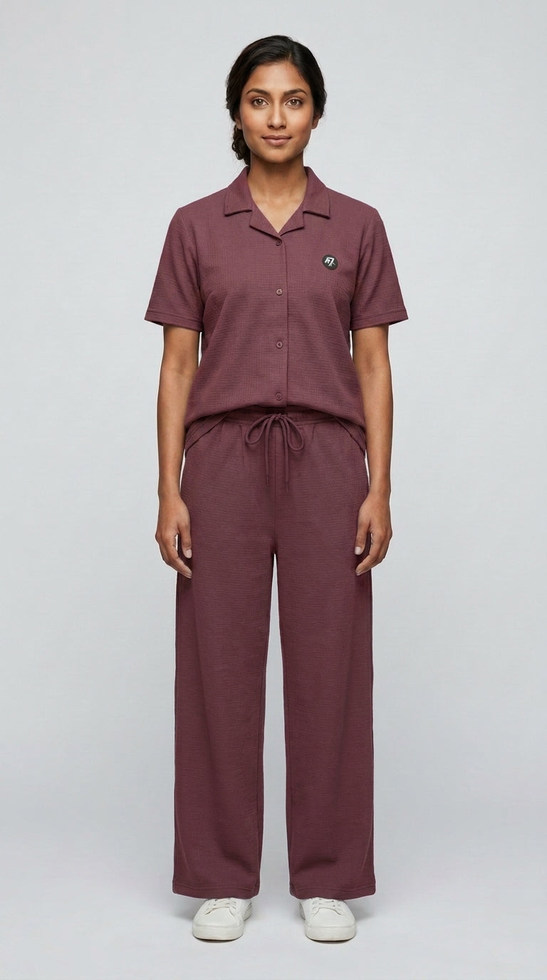 AT7X Berry Mauve sleepwear co-ord set, front view, half-sleeve shirt and wide leg trouser