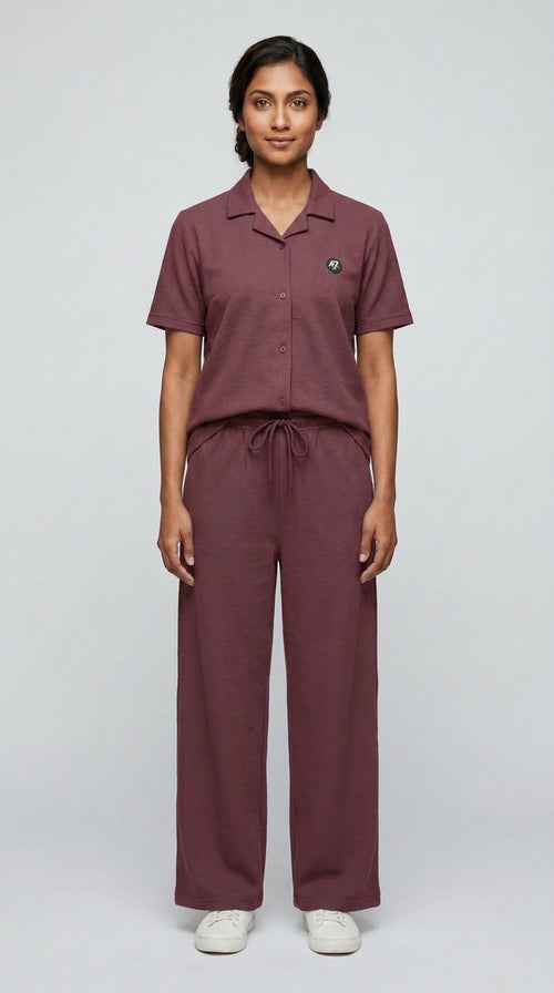 AT7X Berry Mauve sleepwear co-ord set, front view, half-sleeve shirt and wide leg trouser