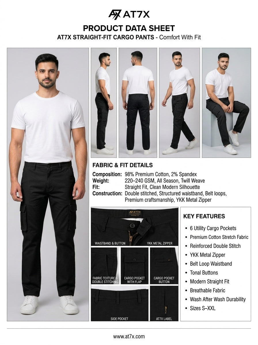 Black Straight Fit Cargo Pants for Men in Pakistan | AT7X