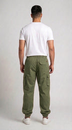 AT7X Classic Olive Green 5 pocket loose fit jogger trouser for men, back view showing single flap pocket