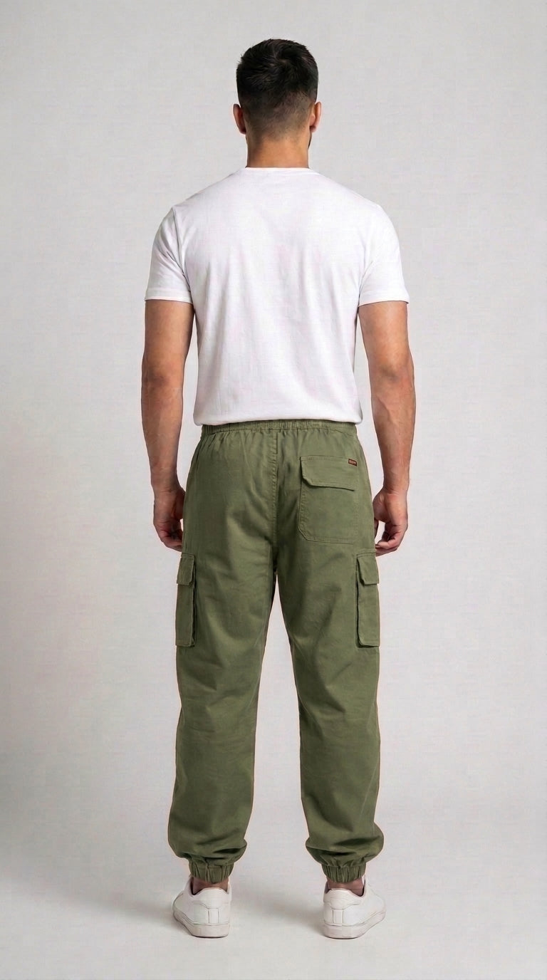 AT7X Classic Olive Green 5 pocket loose fit jogger trouser for men, back view showing single flap pocket