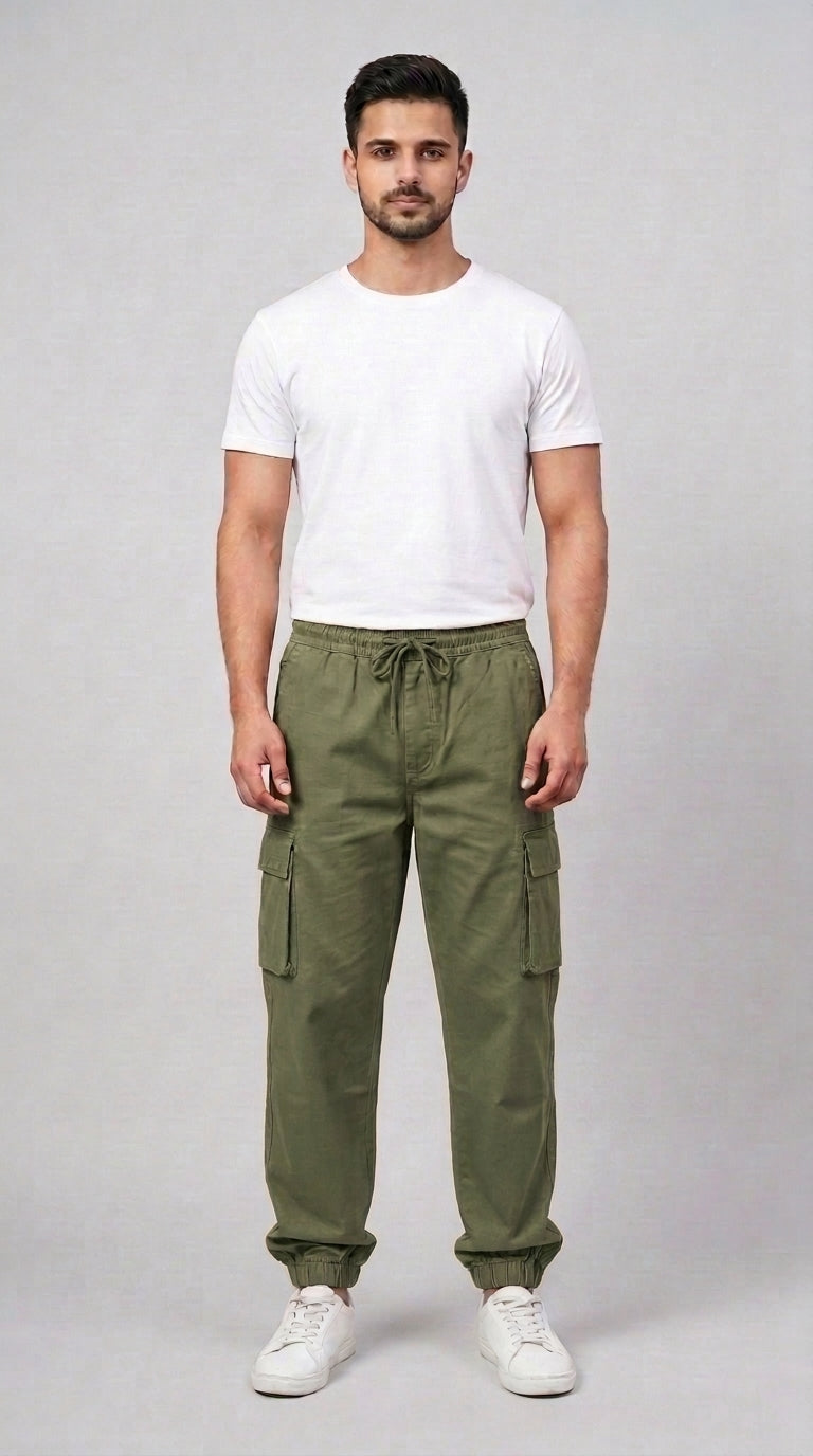 AT7X Classic Olive Green 5 pocket loose fit jogger trouser for men, front view, Pakistan