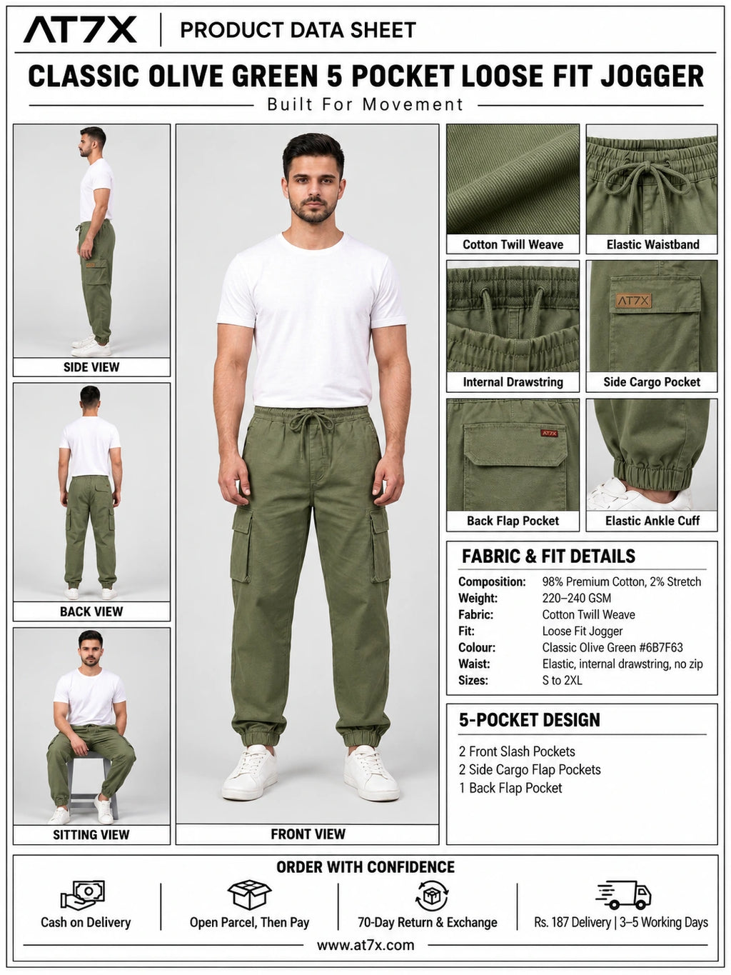AT7X Classic Olive Green 5 pocket loose fit jogger trouser outfit data sheet, fabric and fit specification