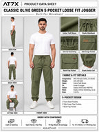 AT7X Classic Olive Green 5 pocket loose fit jogger trouser outfit data sheet, fabric and fit specification