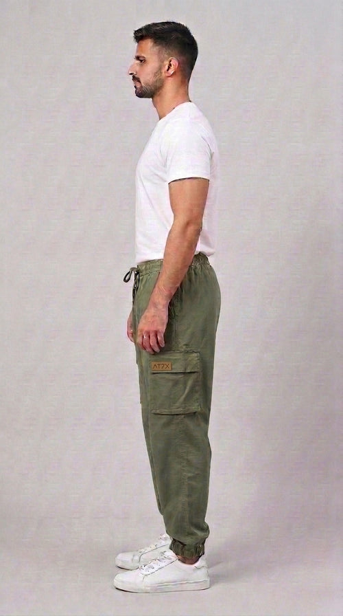 AT7X Classic Olive Green 5 pocket loose fit jogger trouser for men, side view showing flat cargo pocket