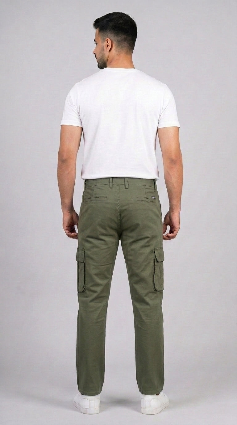 AT7X Classic Olive Green straight fit cargo pants for men, back view, Pakistan
