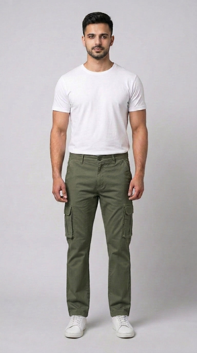 AT7X Classic Olive Green straight fit cargo pants for men, front view, Pakistan