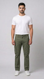 AT7X Classic Olive Green straight fit cargo pants for men, front view, Pakistan