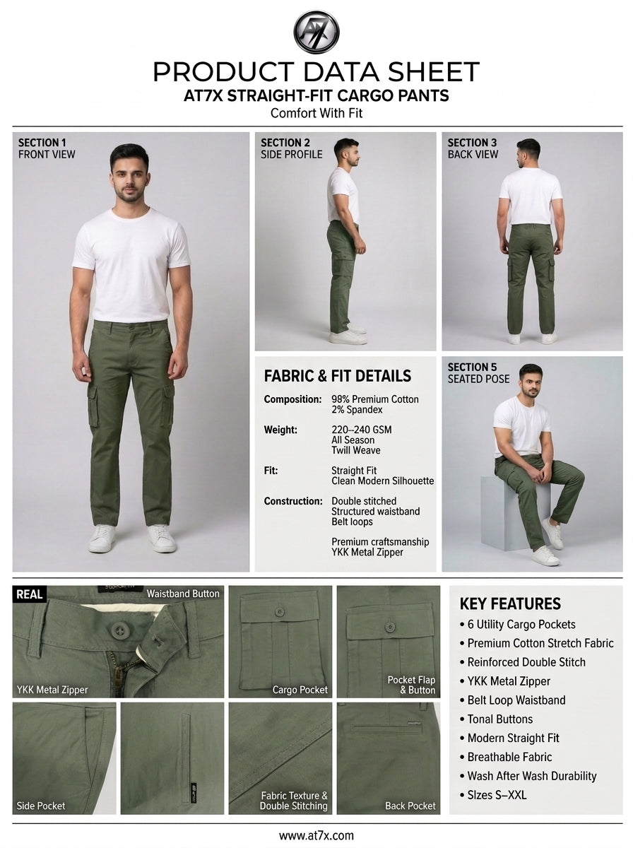 AT7X Classic Olive Green straight fit cargo pants outfit data sheet, fabric and fit specification