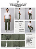 AT7X Classic Olive Green straight fit cargo pants outfit data sheet, fabric and fit specification