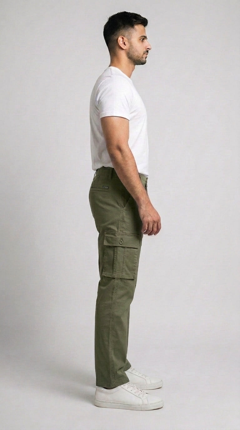 AT7X Classic Olive Green straight fit cargo pants for men, side view, Pakistan