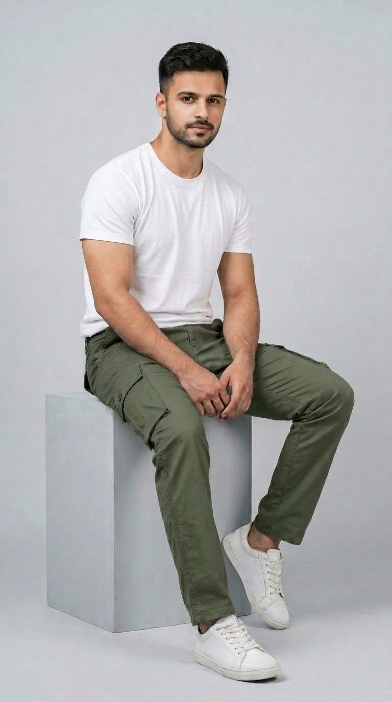 AT7X Classic Olive Green straight fit cargo pants for men, sitting view, Pakistan