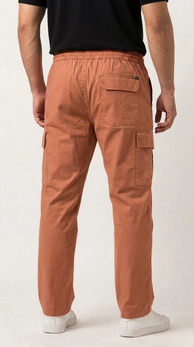 AT7X earthy warm loose fit cargo trouser for men, back view showing single rear pocket