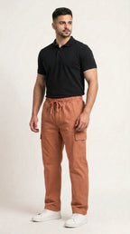 AT7X earthy warm terracotta loose fit 5 pocket cargo trouser for men, front view, Pakistan