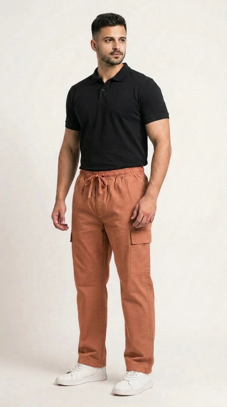 AT7X earthy warm terracotta loose fit 5 pocket cargo trouser for men, front view, Pakistan