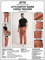 AT7X earthy warm loose fit cargo trouser outfit data sheet, 97 percent cotton twill 5 pocket specification