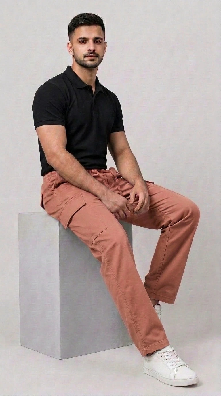 AT7X earthy warm loose fit cargo trouser for men, seated view showing relaxed fit