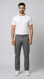 AT7X graphite grey straight fit cargo pants for men, front view, Pakistan