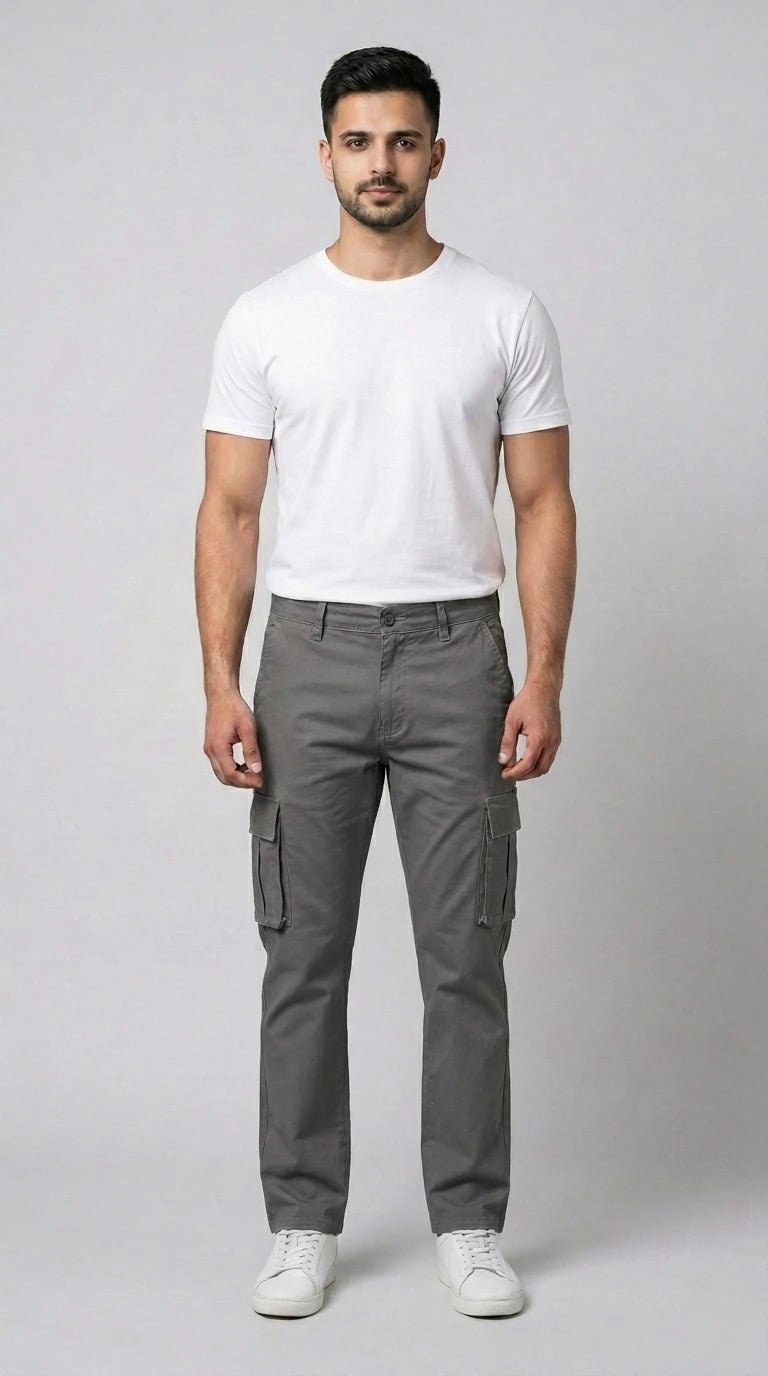 AT7X graphite grey straight fit cargo pants for men, front view, Pakistan