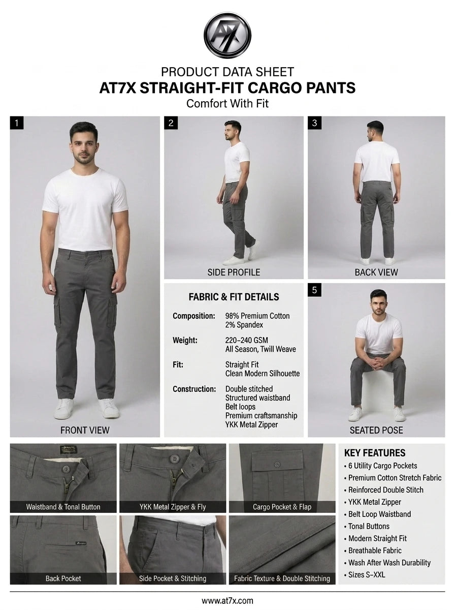 AT7X graphite grey straight fit cargo pants outfit data sheet, fabric and fit specification