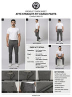 AT7X graphite grey straight fit cargo pants outfit data sheet, fabric and fit specification