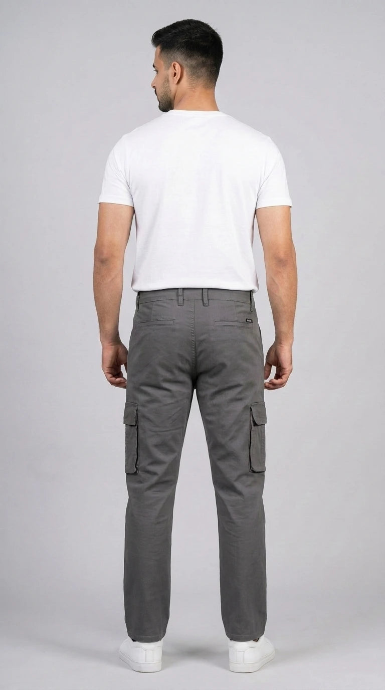 AT7X graphite grey straight fit cargo pants for men, back view