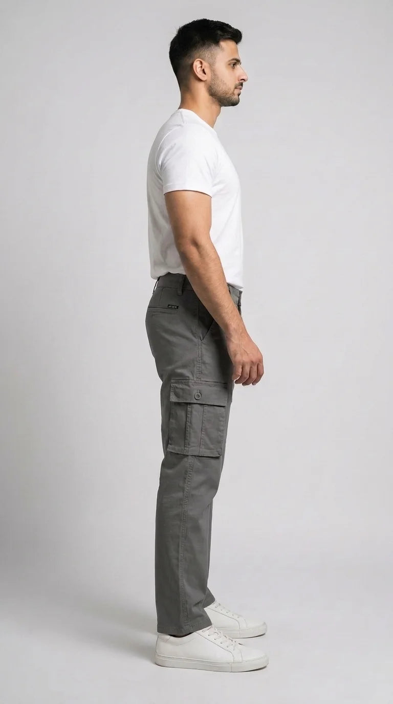 AT7X graphite grey straight fit cargo pants for men, side view