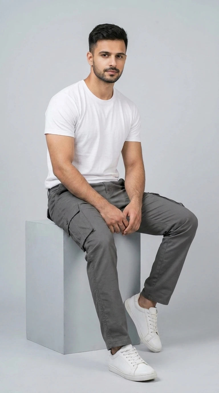 AT7X graphite grey straight fit cargo pants for men, sitting view