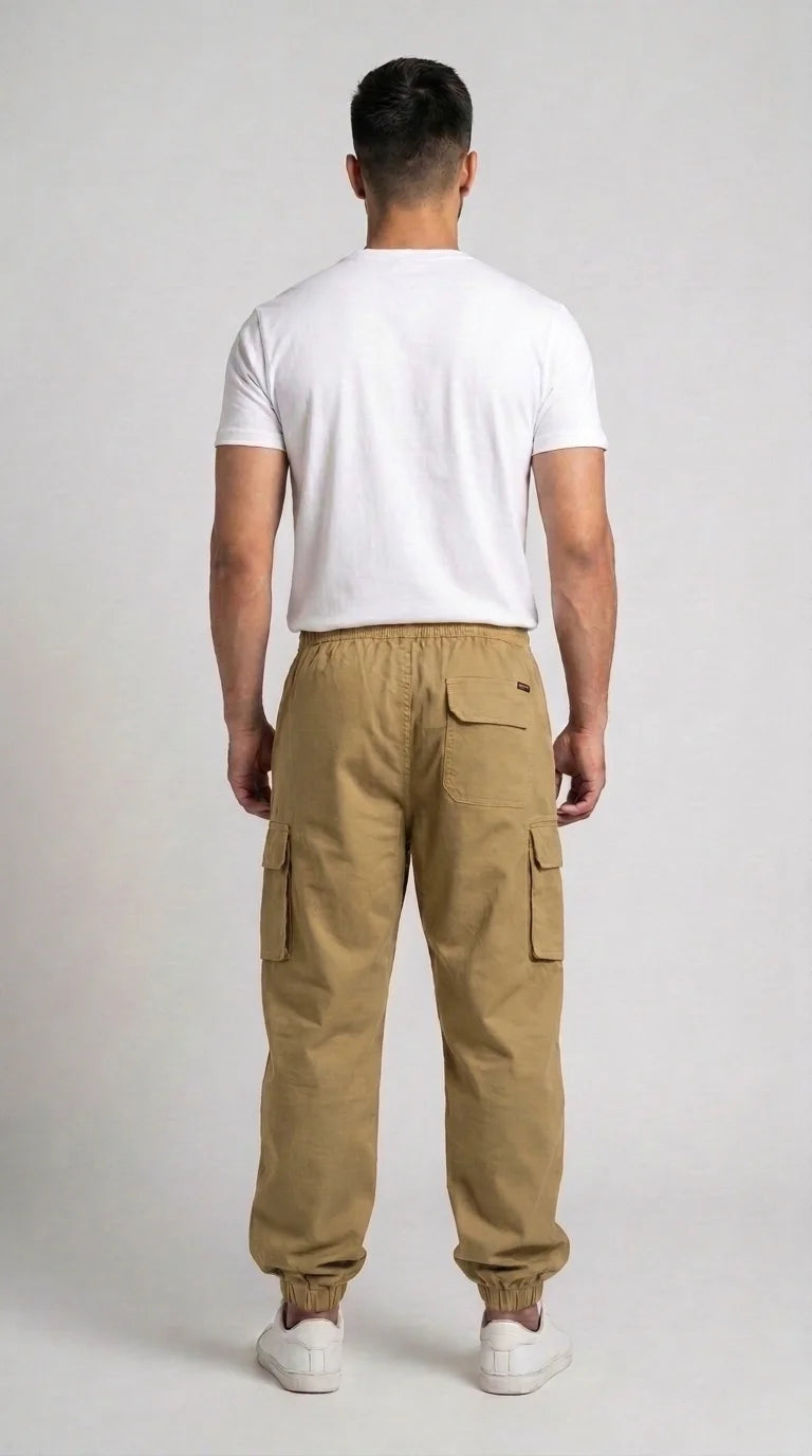 AT7X Khaki Beige 5 pocket loose fit jogger trouser for men, back view showing single flap pocket