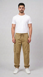 AT7X Khaki Beige 5 pocket loose fit jogger trouser for men, front view, Pakistan