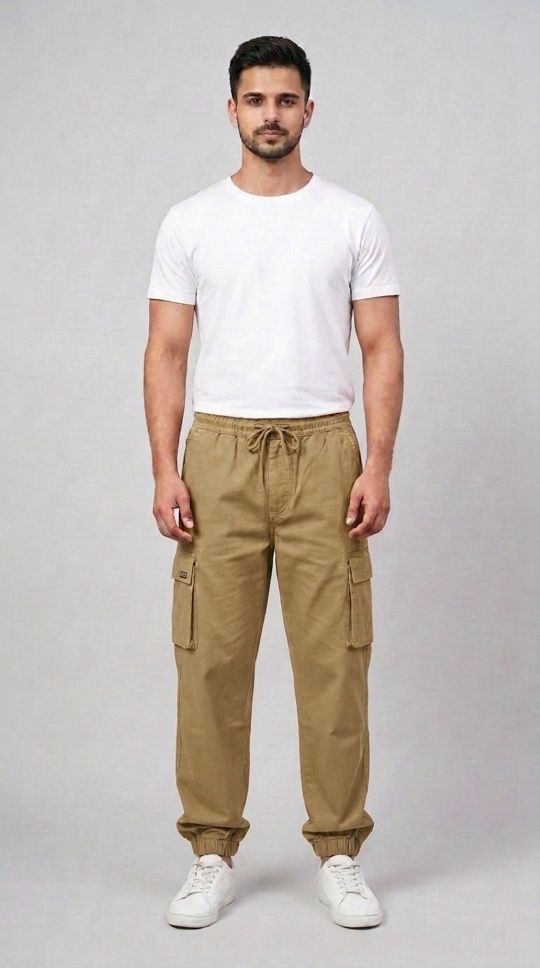 AT7X Khaki Beige 5 pocket loose fit jogger trouser for men, front view, Pakistan
