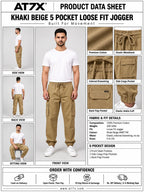 AT7X Khaki Beige 5 pocket loose fit jogger trouser outfit data sheet, 100 percent cotton 200 GSM specification