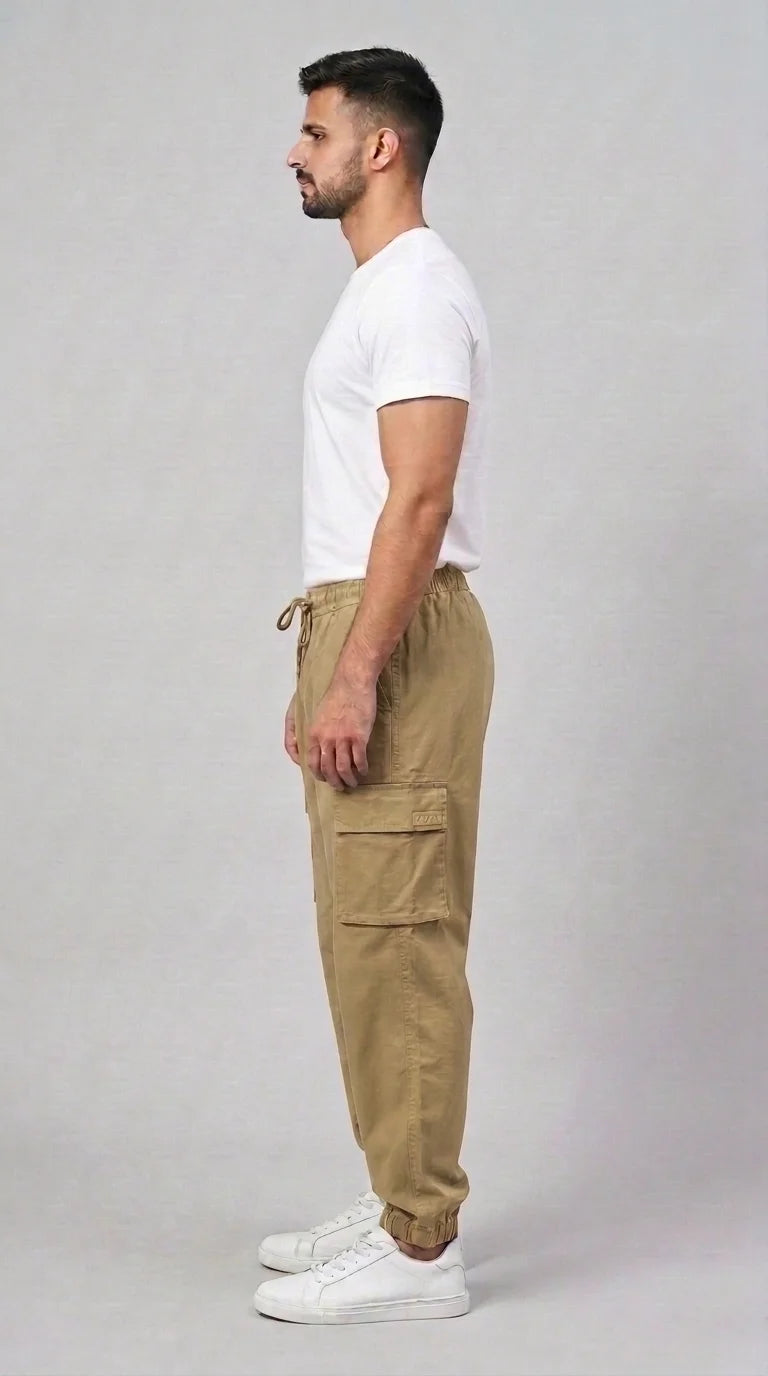 AT7X Khaki Beige 5 pocket loose fit jogger trouser for men, side view showing flat cargo pocket