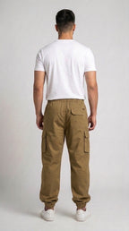 AT7X Khaki Classic 5 pocket loose fit jogger trouser for men, back view showing single flap pocket