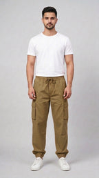 AT7X Khaki Classic 5 pocket loose fit jogger trouser for men, front view, Pakistan