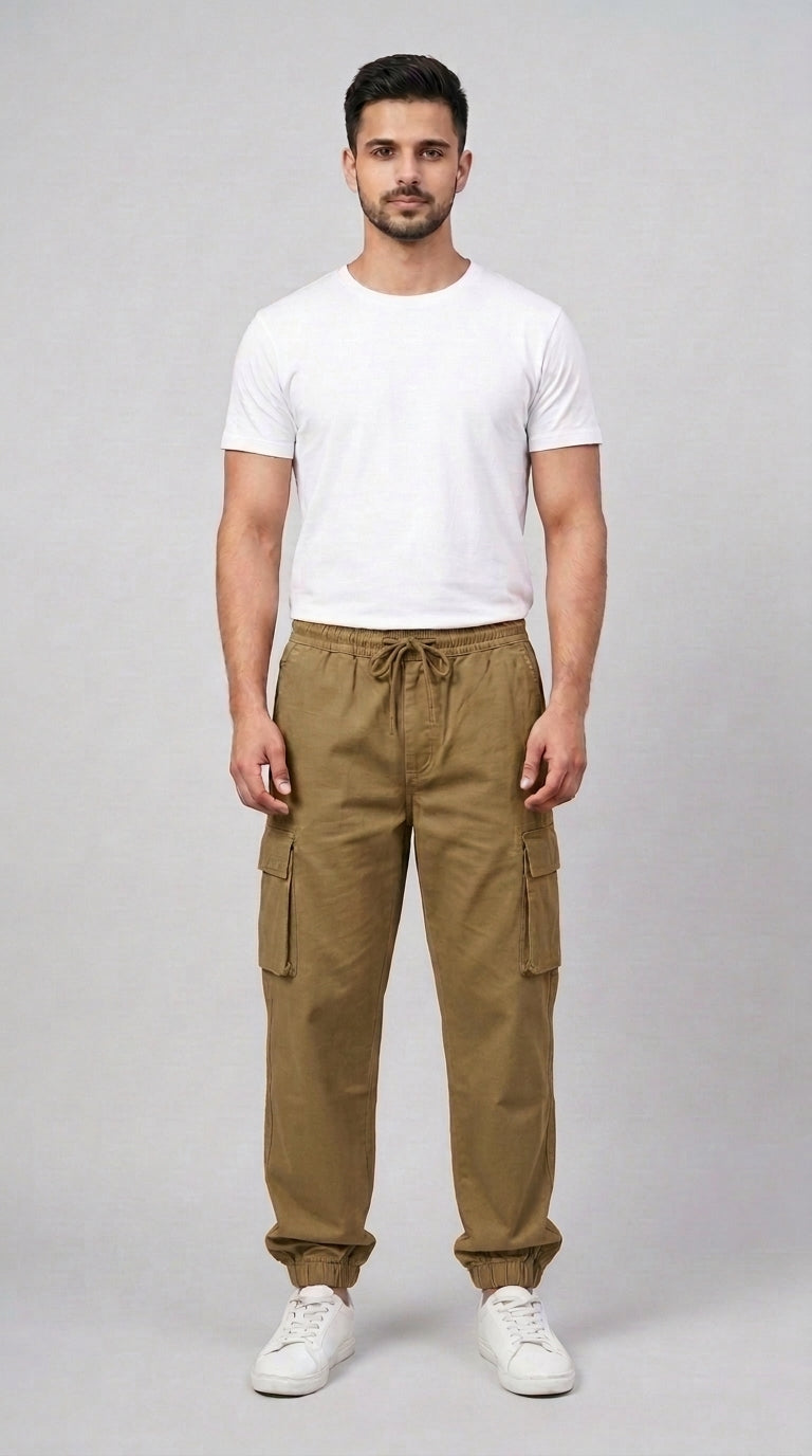 AT7X Khaki Classic 5 pocket loose fit jogger trouser for men, front view, Pakistan