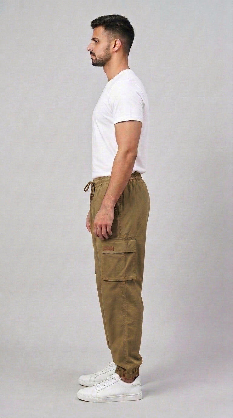 AT7X Khaki Classic 5 pocket loose fit jogger trouser for men, side view showing flat cargo pocket
